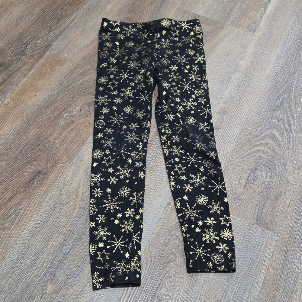 Wonder Nation Girls Black Gold Foil Snowflake Star Leggings Size S 6-6X Holiday